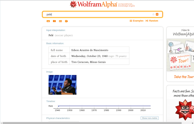 Resultado da busca pela palavra-chave “Pelé” no Wolfram Alpha